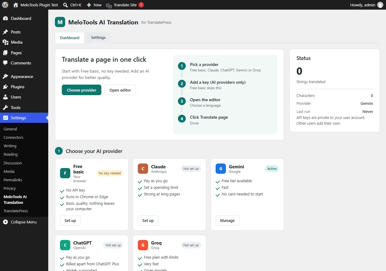 MeloTools AI Translation dashboard in WordPress with provider tiles and translation statistics