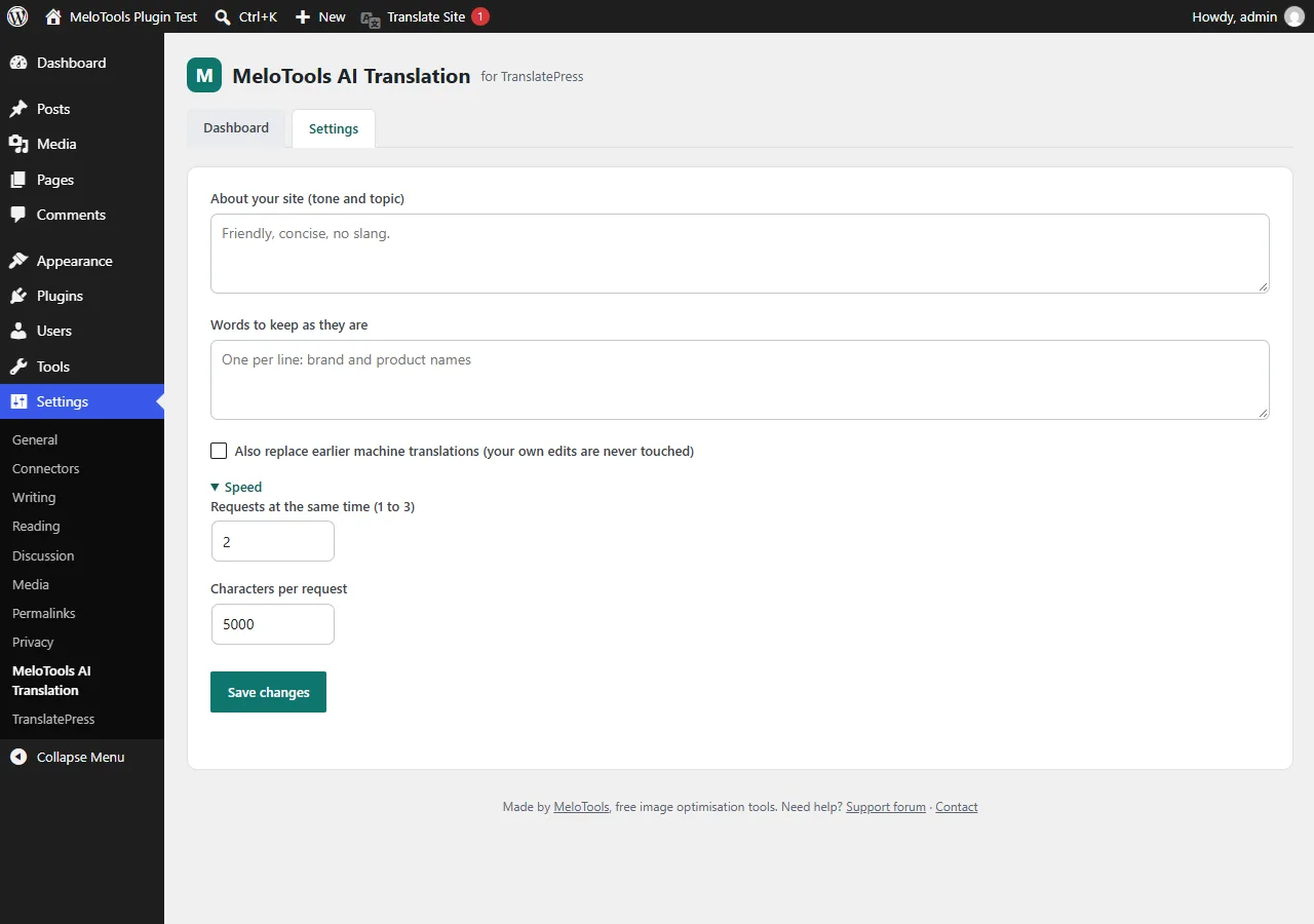 Plugin settings for site tone, words to keep and translation speed