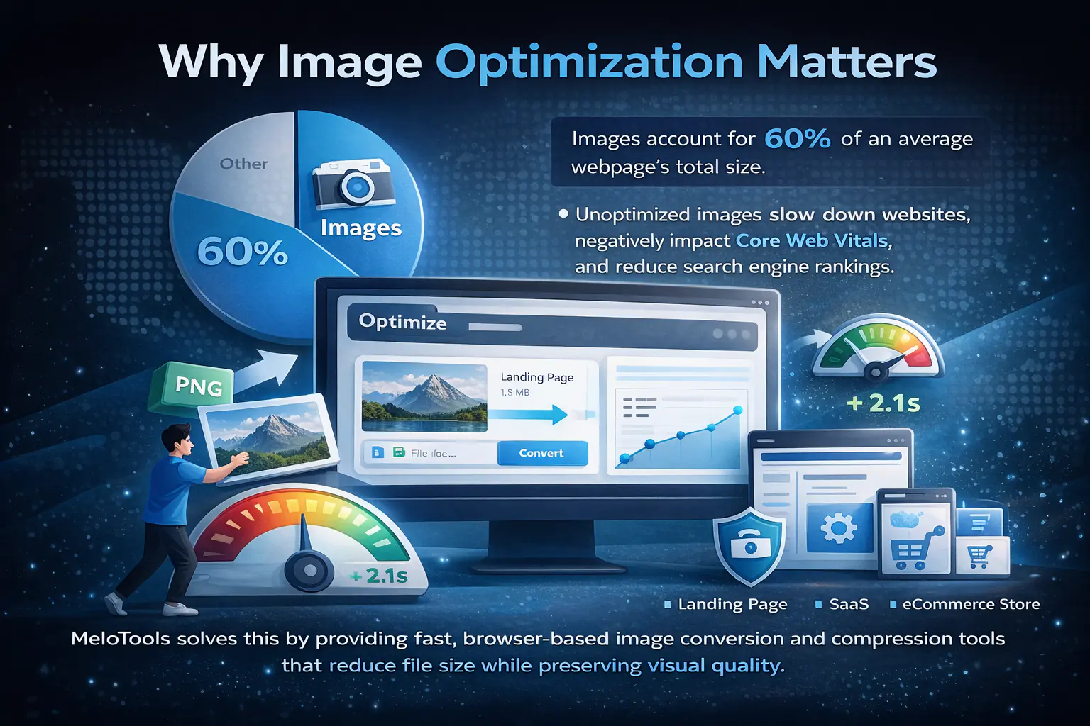 Infographic showing how unoptimized images slow websites and how MeloTools reduces file size