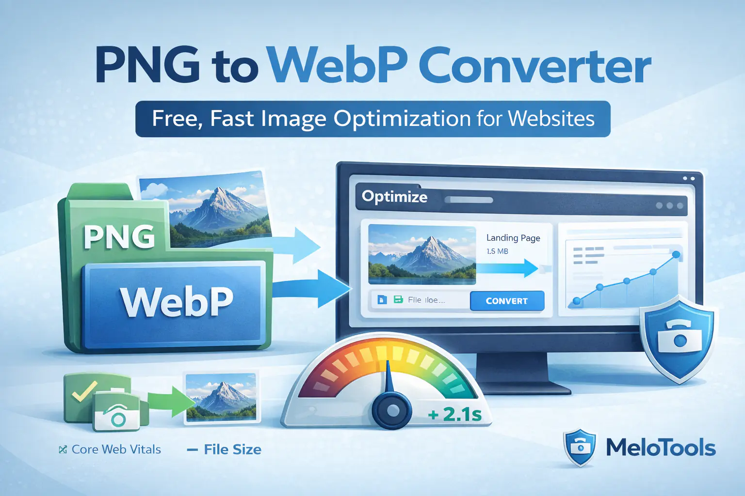 PNG to WebP converter tool interface showing image compression and optimized web performance using MeloTools
