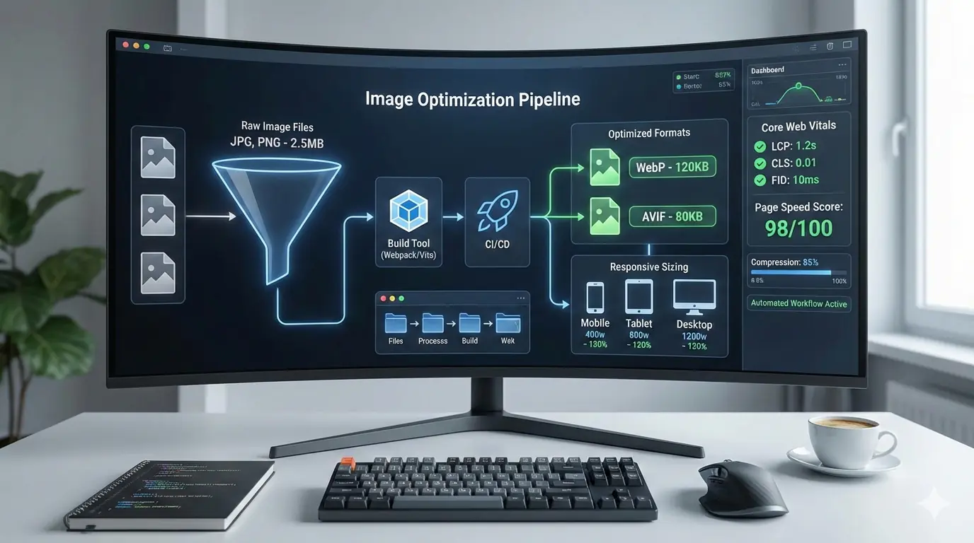 Frontend developer image optimization workflow showing automated formats, responsive sizing, build tools, and performance metrics