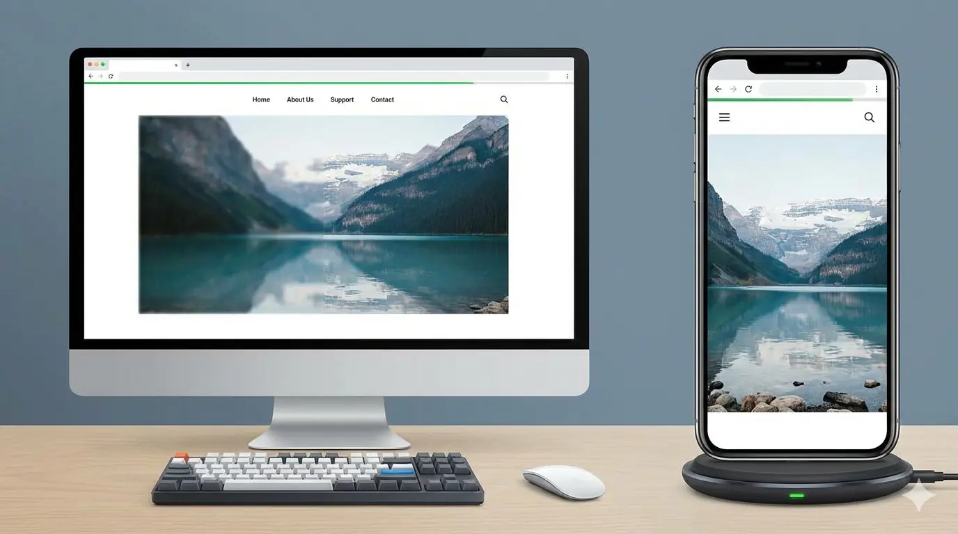 Website performance optimization showing reduced page size with high-quality images across desktop and mobile devices
