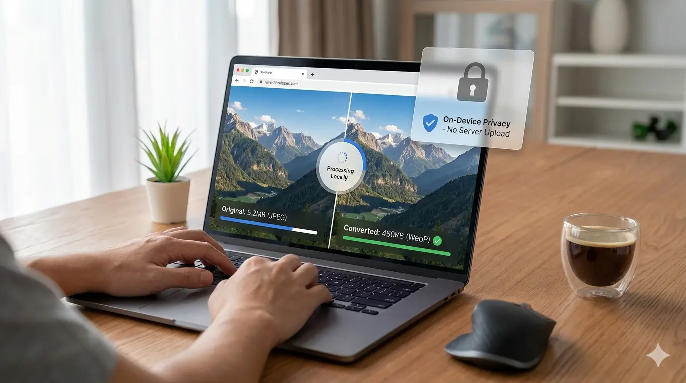 Illustration showing browser-based image conversion where images are processed locally in the browser using client-side image processing tools without uploading files.