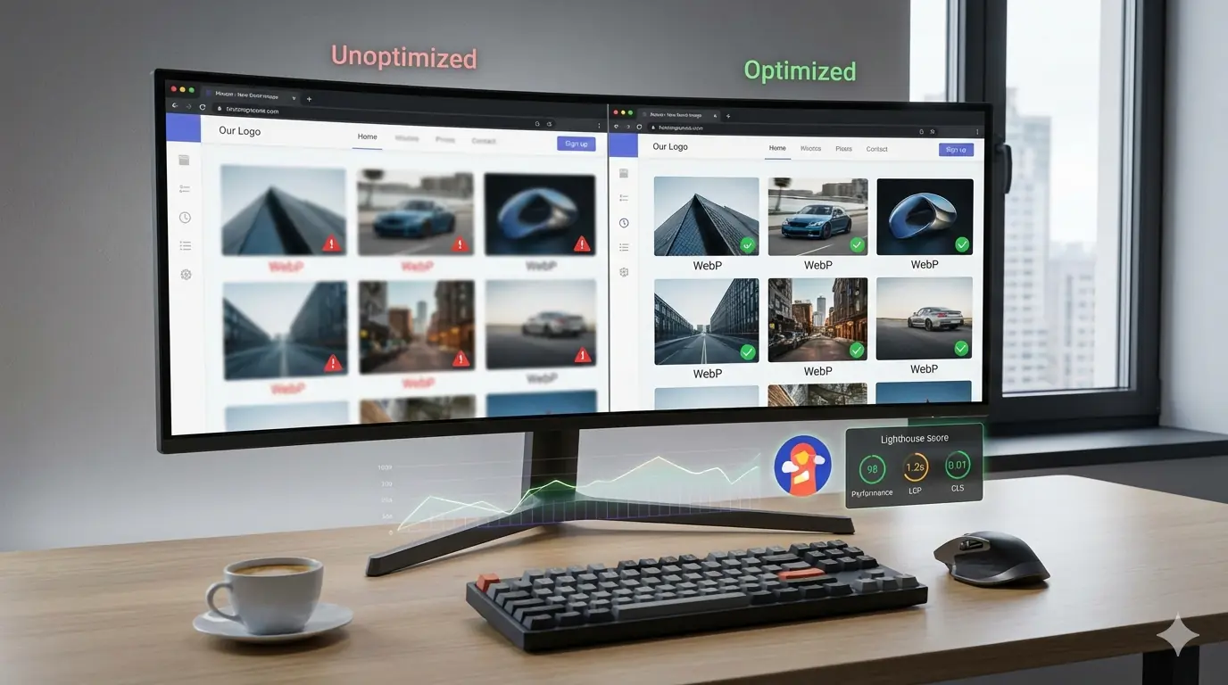Developer optimizing website images for faster frontend performance and higher Lighthouse score