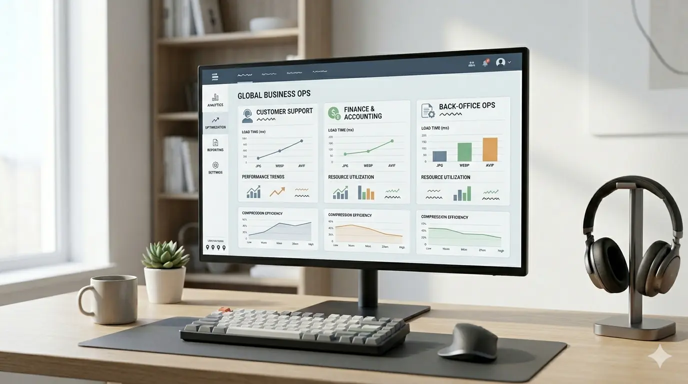 Comparison of JPG, WebP, and AVIF image formats with file size and performance metrics on a developer dashboard