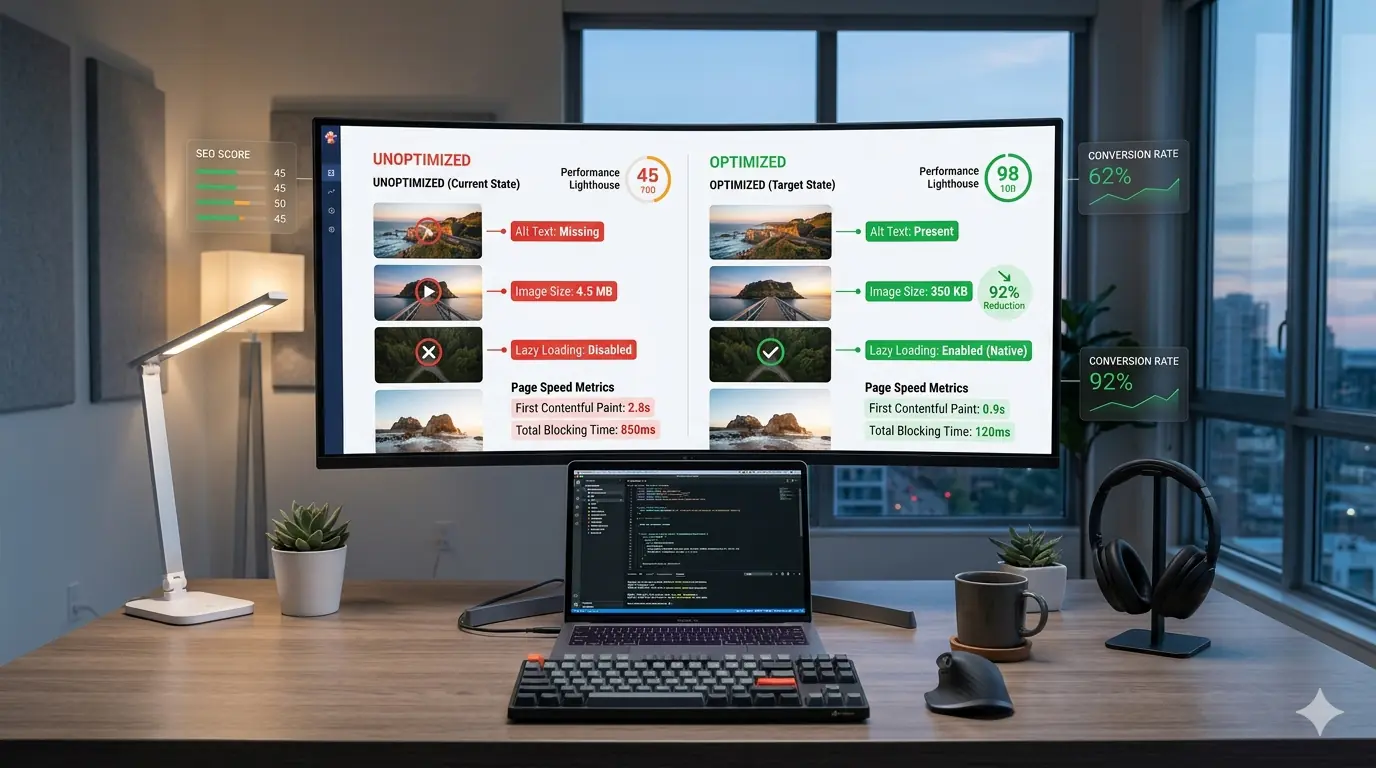 Developer optimizing website images with performance metrics showing alt text, image size reduction, and lazy loading improving SEO and page speed