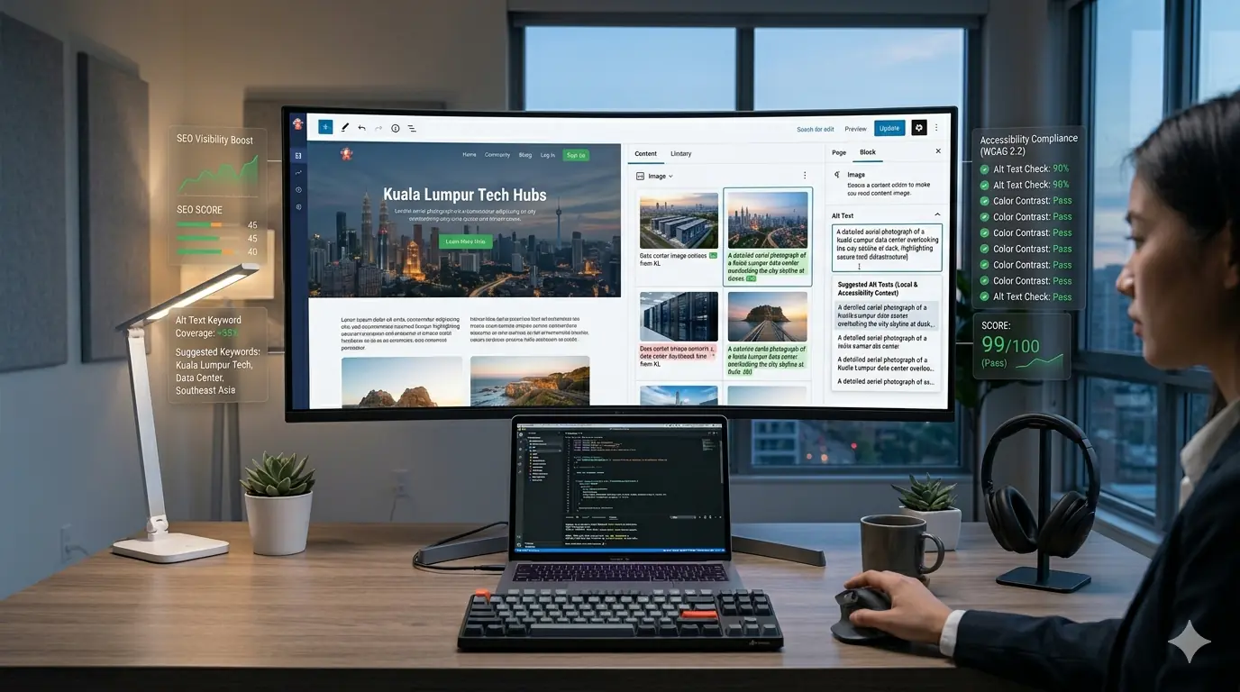 Developer adding descriptive image alt text to improve SEO visibility and accessibility for website images
