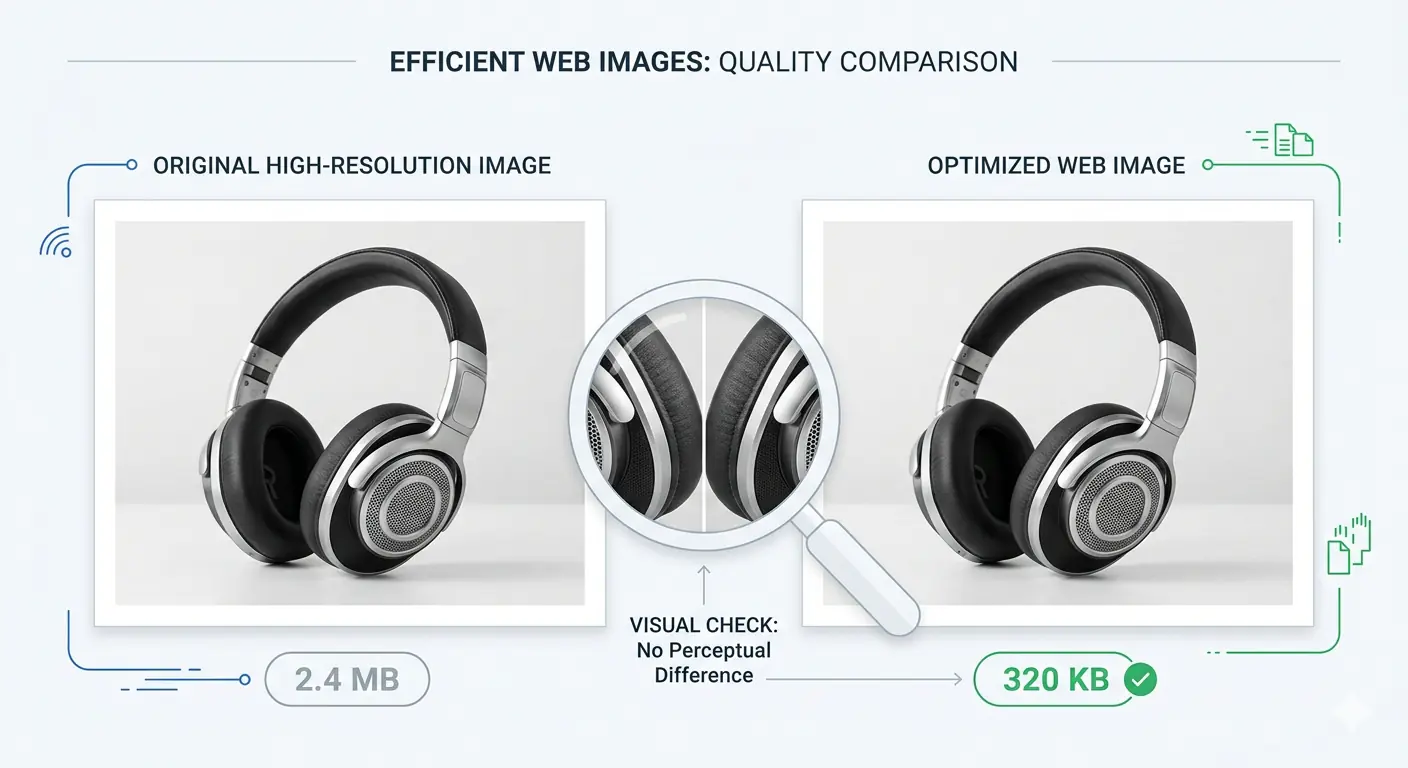 Side-by-side comparison of original and compressed image showing no visible quality difference despite significant file size reduction — how to reduce image file size without losing quality