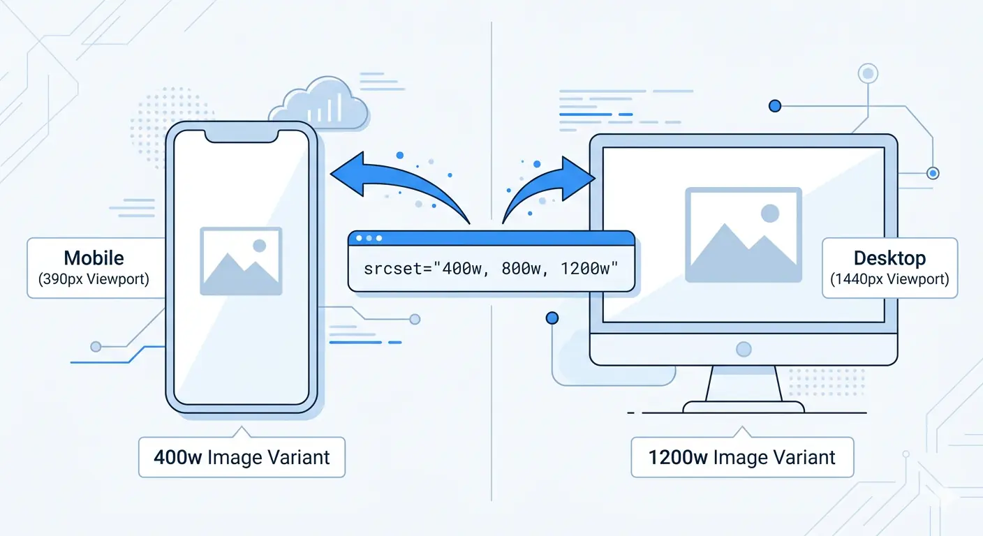 Code editor showing HTML srcset and sizes attributes alongside a browser rendering responsive images at different viewport widths — responsive images srcset implementation guide for developers in 2026