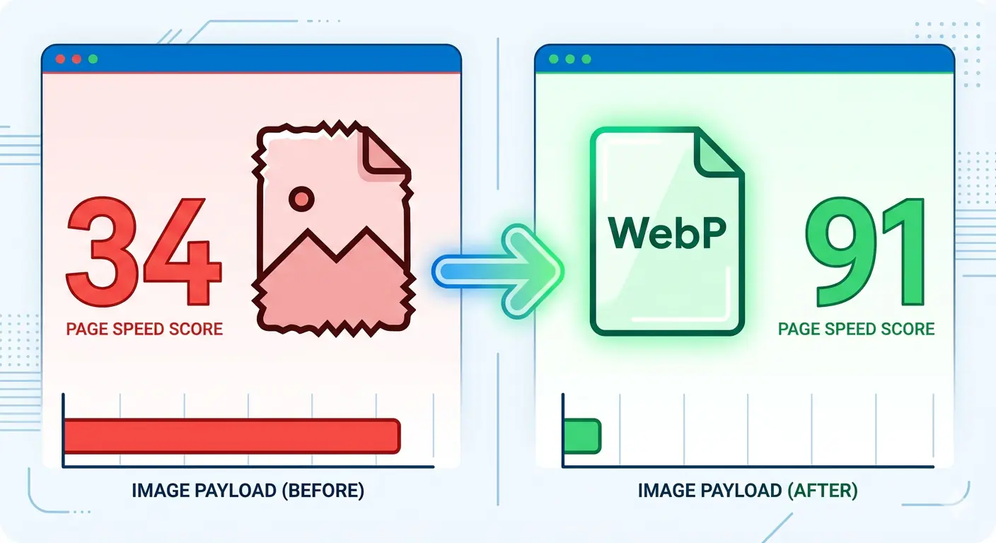 Website performance dashboard showing page speed score improving after image optimization, representing how to make images load faster on any website in 2026
