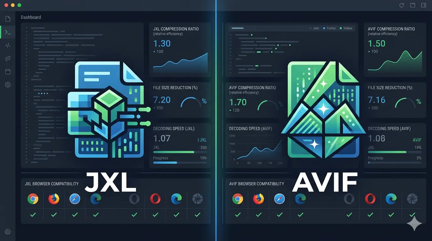 Side-by-side comparison of JPEG XL and AVIF image formats showing compression efficiency metrics on a developer dashboard