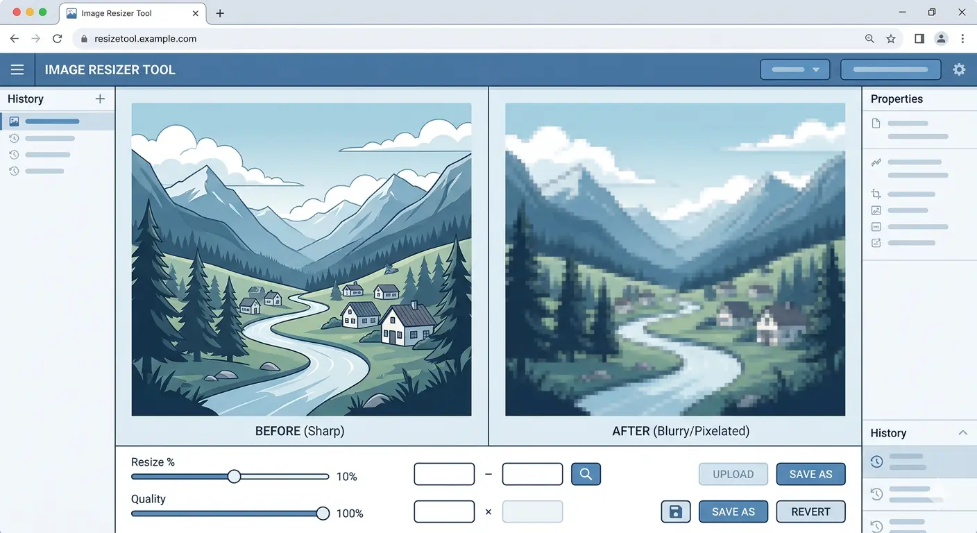 A side-by-side comparison of a sharp resized image versus a blurry degraded one, shown on a clean web interface with quality indicators