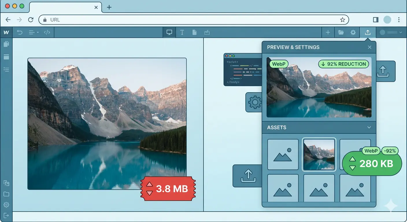 A Webflow designer interface showing an image asset panel with WebP conversion settings and performance indicators representing optimized image workflow